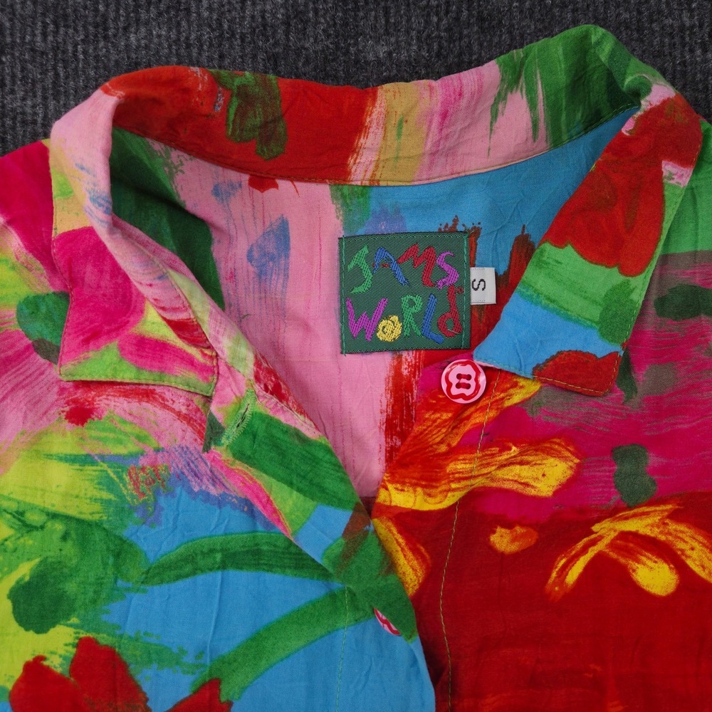 VTG Jams World Womens S Button Up Shirt Rayon Floral Scenic Print Multi Color